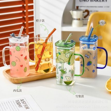 400ml Glass Juice Mug with Lid & Straw